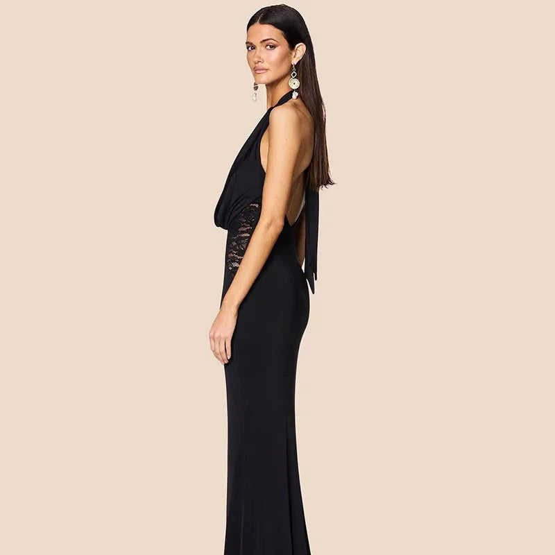 Slim-Fitting Cowl Halter Lace Long Dress