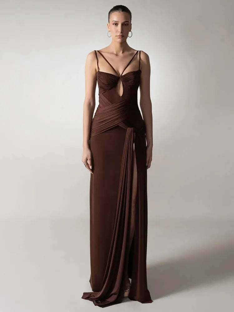 Ruched Brown Bodycon Summer Maxi Dress