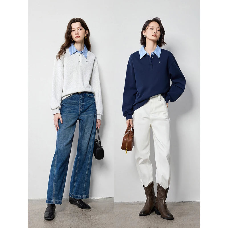 Patchwork Turn Down Collar Hoodie Women