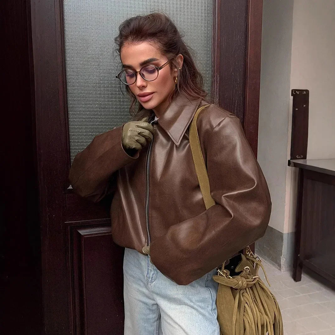 Burgundy Zipper Lapel Leather Jacket