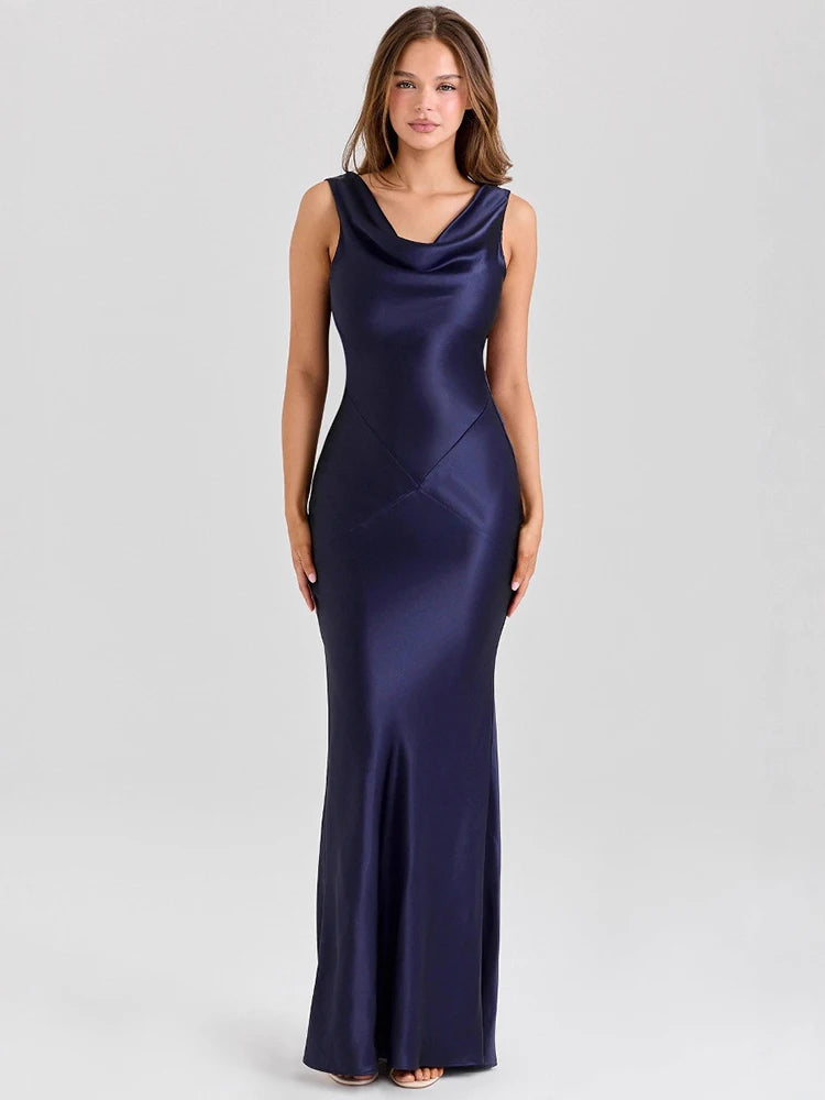 Satin Backless Cowl Neck Club Party Dress