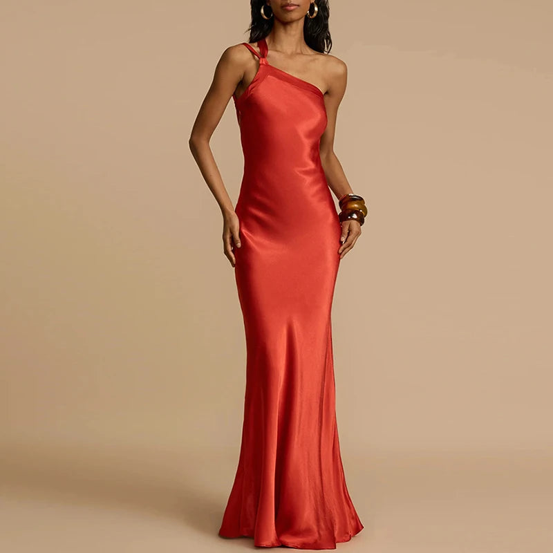 Inclined Shoulder Satin Boho Maxi Dress