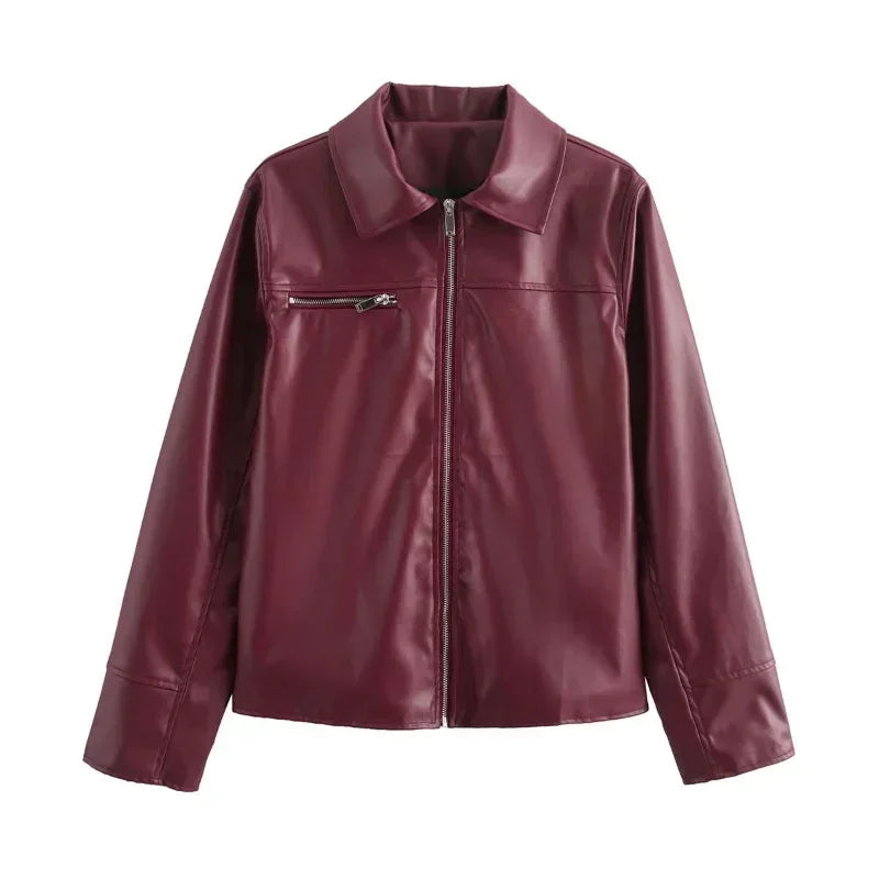 Burgundy Zipper Lapel Leather Jacket