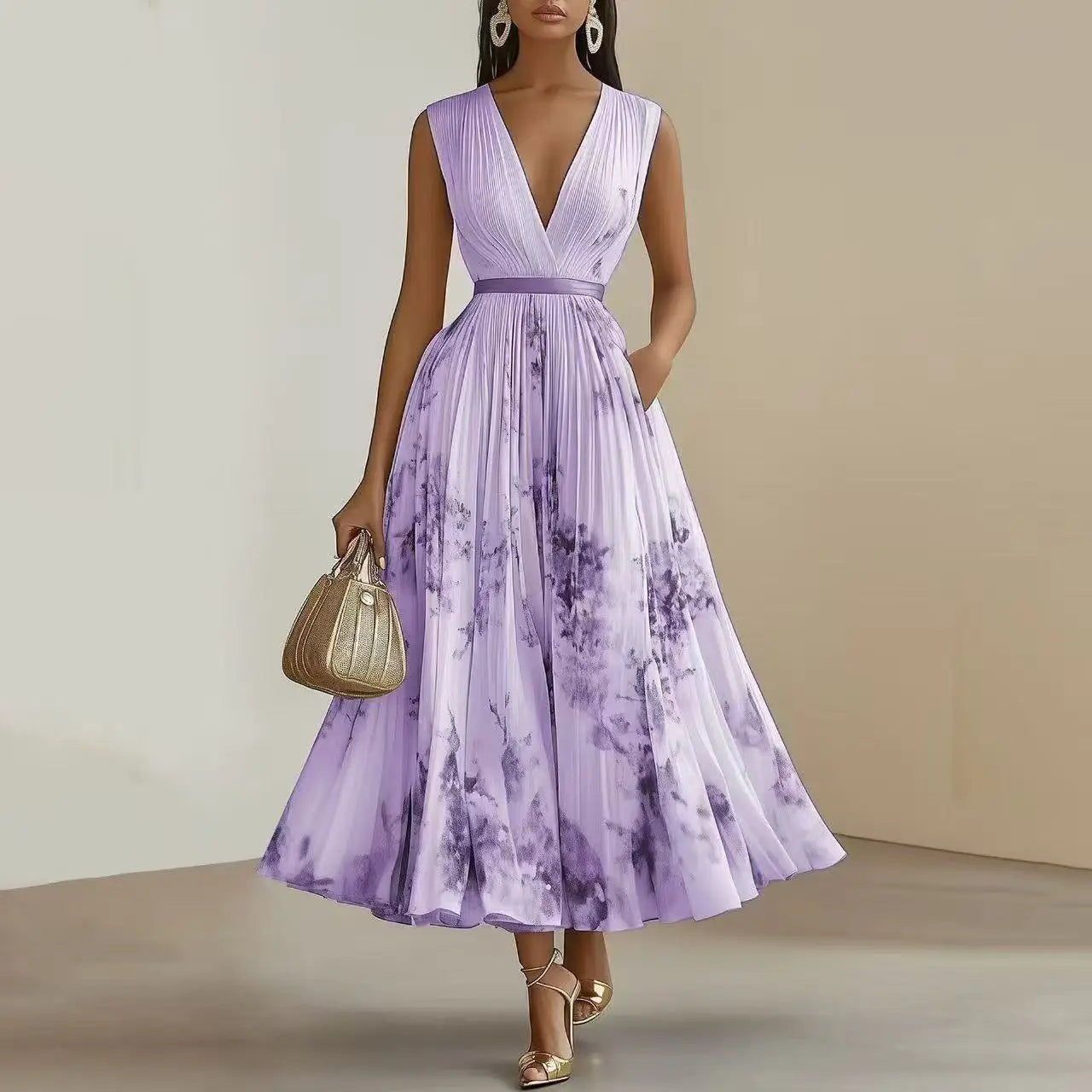 Hanging Neck Floral Pleated Maxi Dress