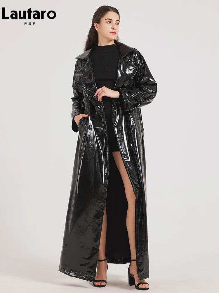 Black Reflective Patent Leather Trench