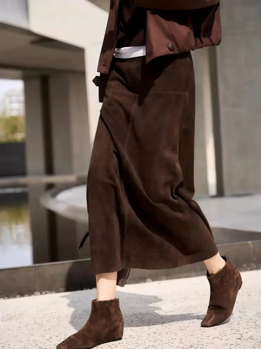 Retro Suede Leather Long Skirt