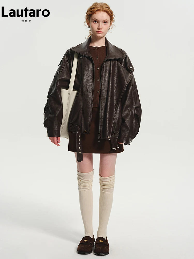 Brown Oversized PU Zip Up Jacket