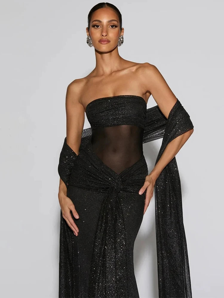 Strapless Sparkle Ruched Off-Shoulder Maxi Dress