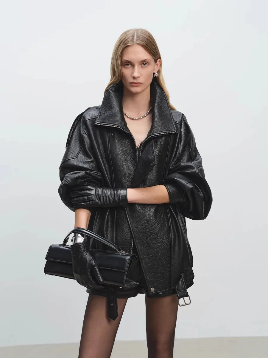 Oversized Black PU Belted Jacket