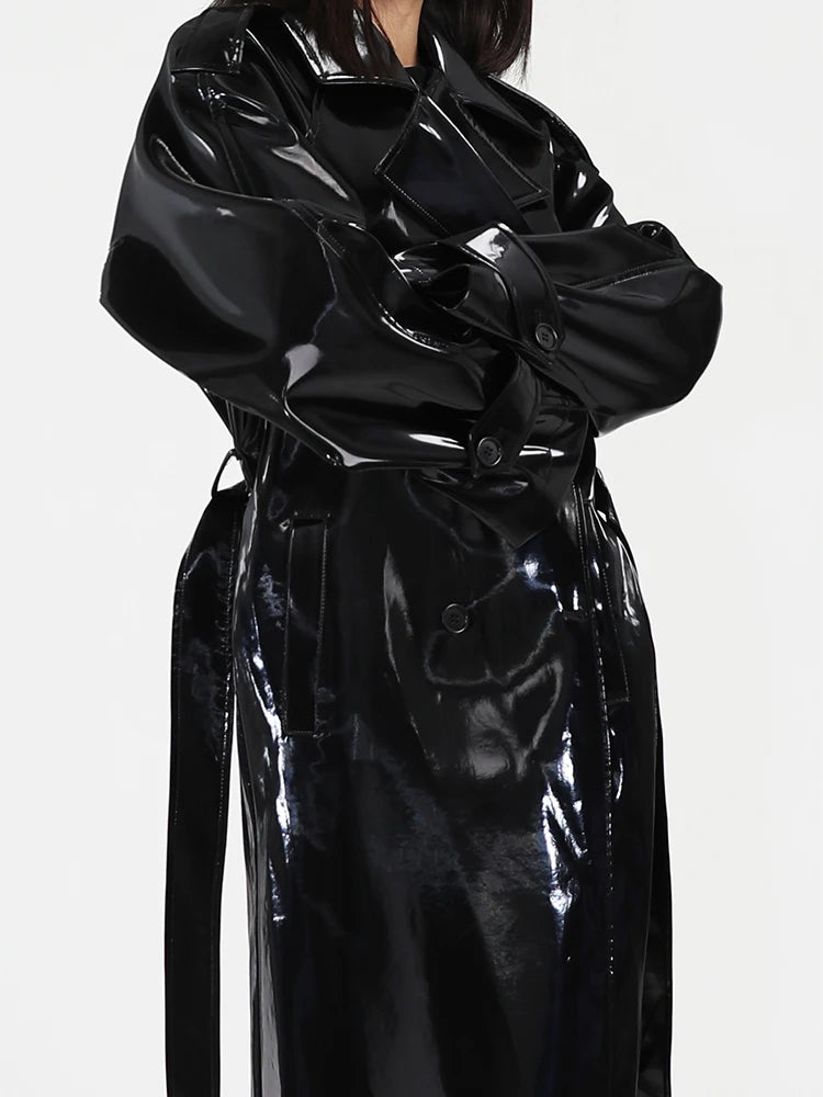 Shiny Reflective Patent Leather Trench
