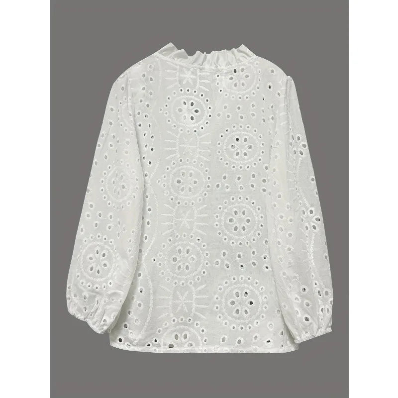 Hollowed V-Neck Loose Lace Shirt