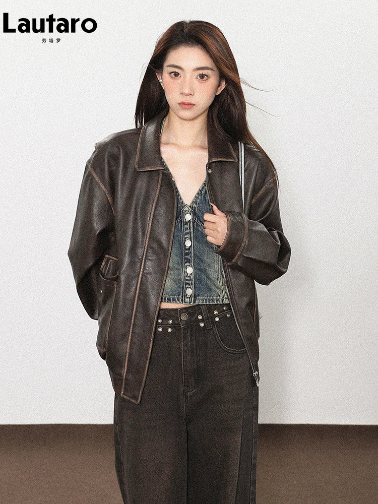 Distressed Brown PU Leather Jacket