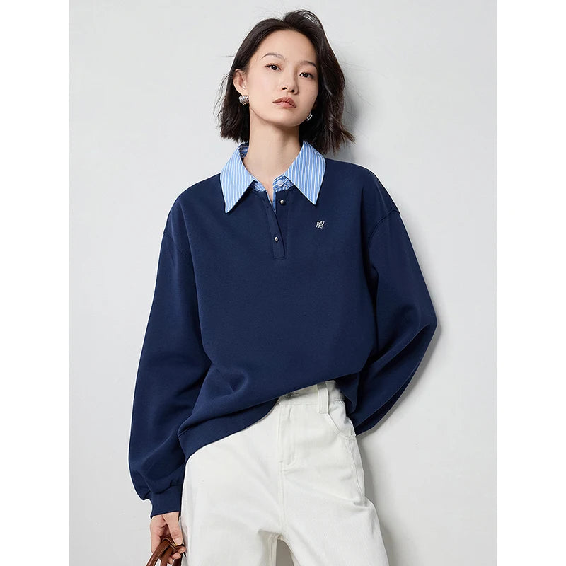 Patchwork Turn Down Collar Hoodie Women