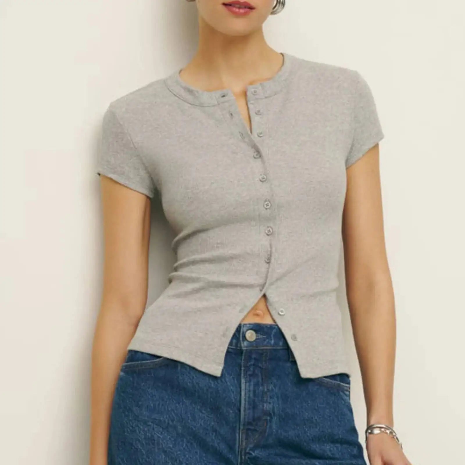 Knit Button-Up Crop Short Sleeve Shirt