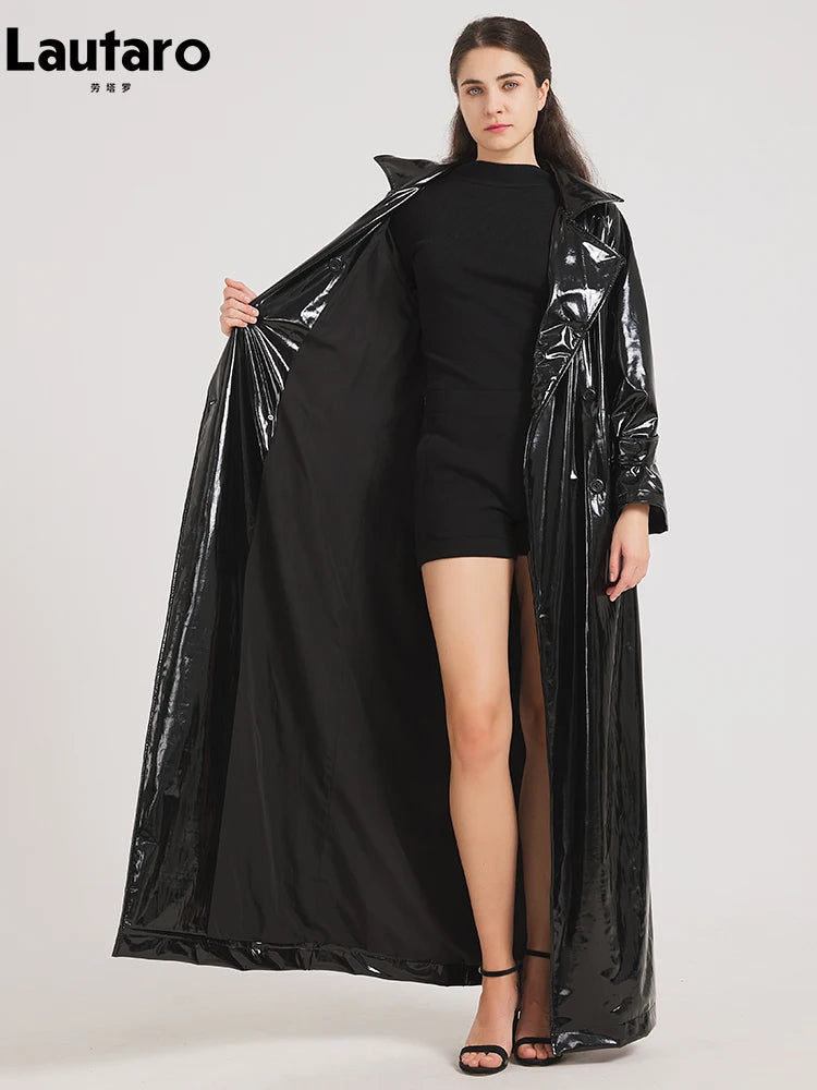 Black Reflective Patent Leather Trench