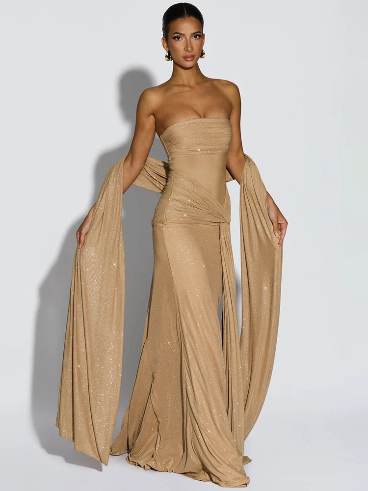 Strapless Sparkle Ruched Off-Shoulder Maxi Dress