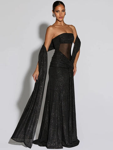 Strapless Sparkle Ruched Off-Shoulder Maxi Dress