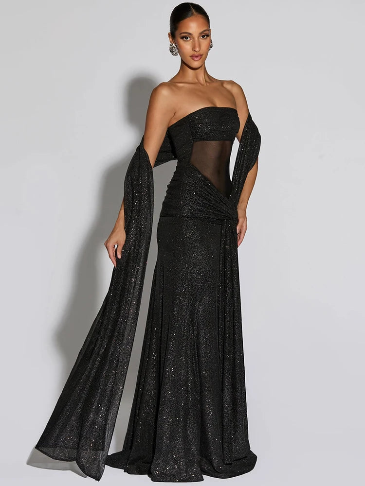 Strapless Sparkle Ruched Off-Shoulder Maxi Dress