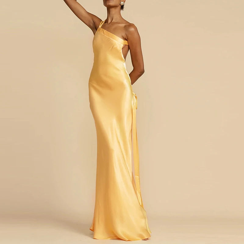 Inclined Shoulder Satin Boho Maxi Dress