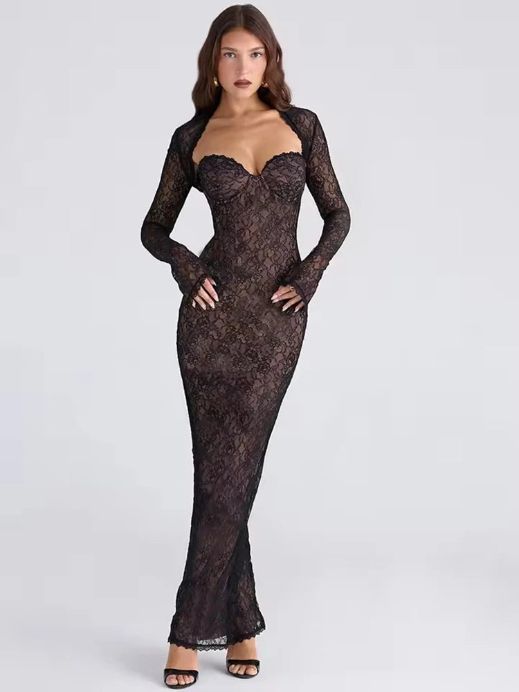 Long Sleeve Lace Print Bodycon Dress