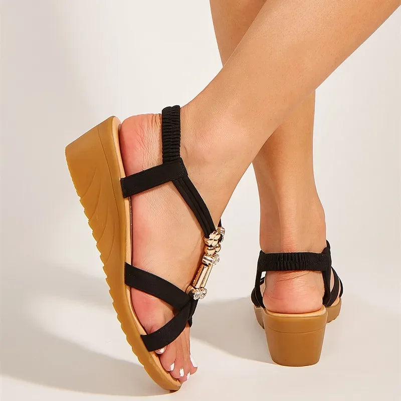 Crystal Strap Round Toe Wedge Sandals
