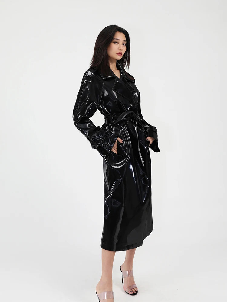 Shiny Reflective Patent Leather Trench