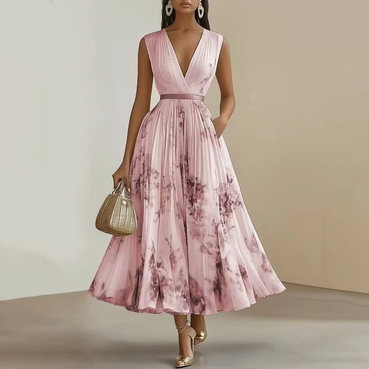 Hanging Neck Floral Pleated Maxi Dress