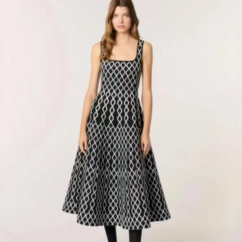 Geometry Knit High-Quality A-Line Dress