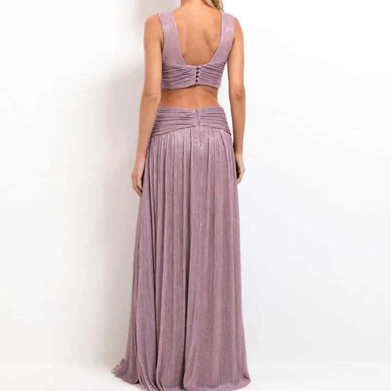 V-Neck Hollow Waist Pleated Evening Dress