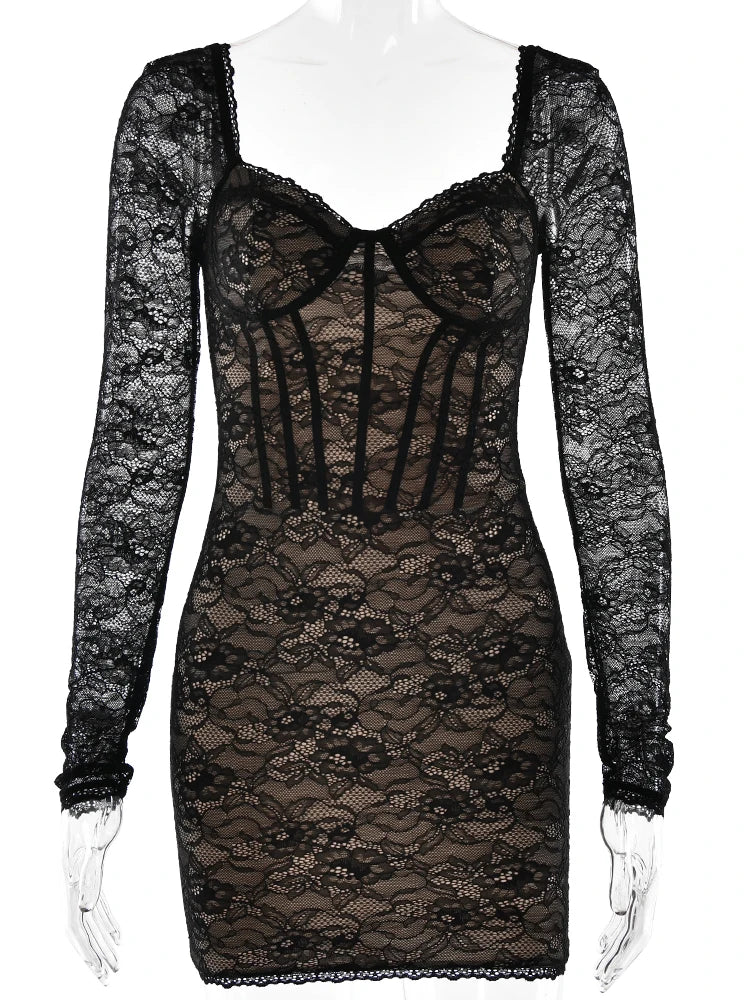 Long Sleeve Lace Print Bodycon Dress