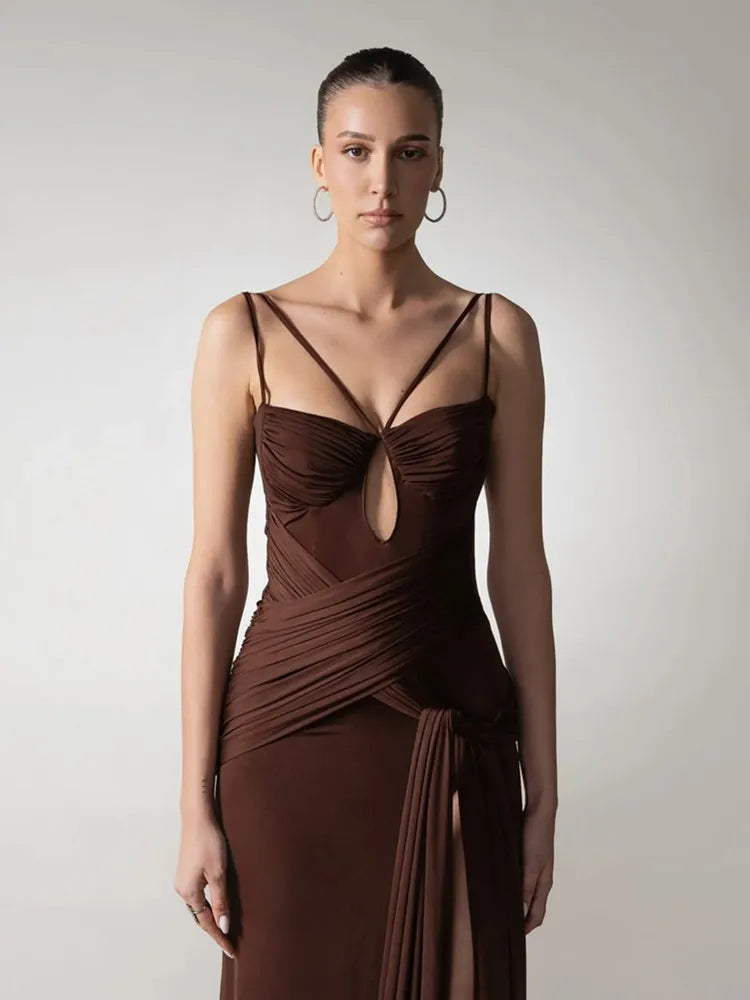 Ruched Brown Bodycon Summer Maxi Dress