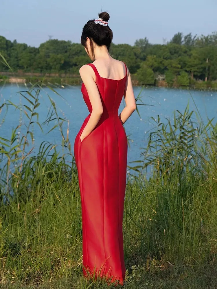 Red Spaghetti Strap Satin Prom Maxi Dress