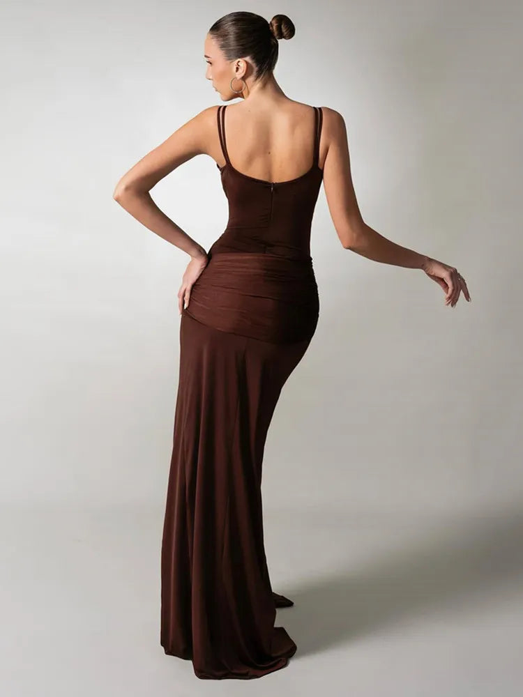 Ruched Brown Bodycon Summer Maxi Dress