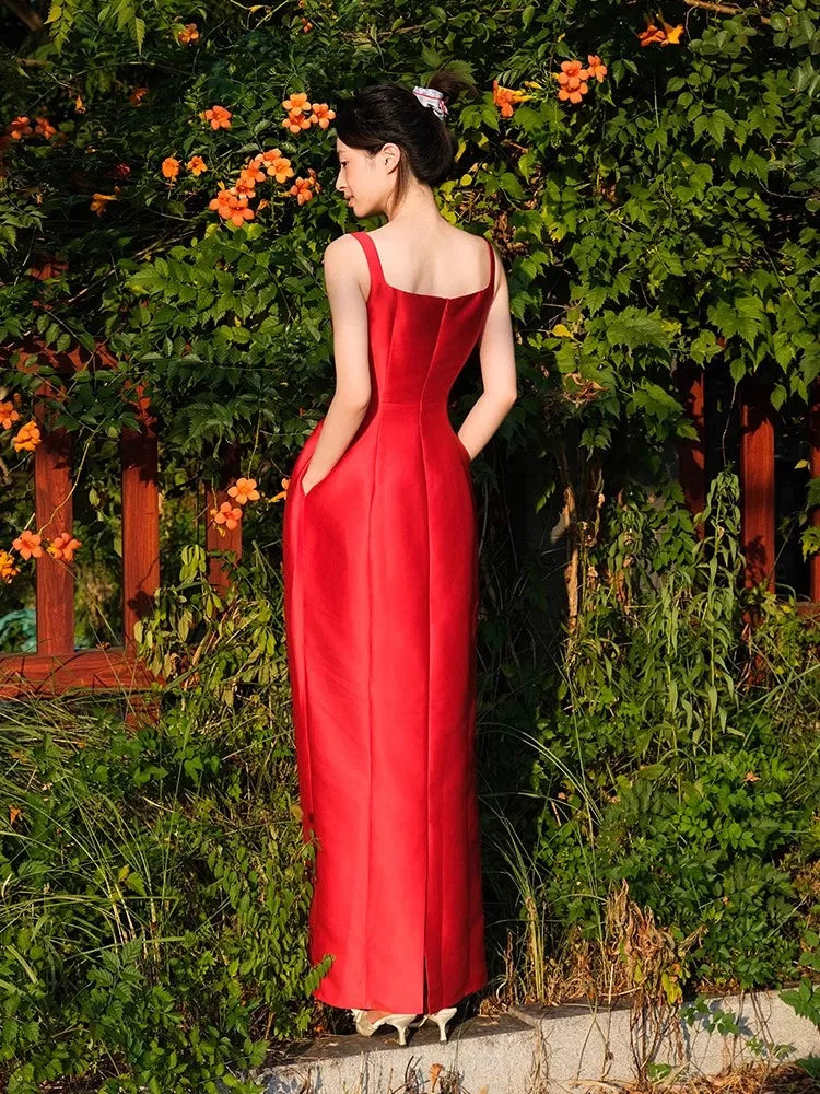 Red Spaghetti Strap Satin Prom Maxi Dress