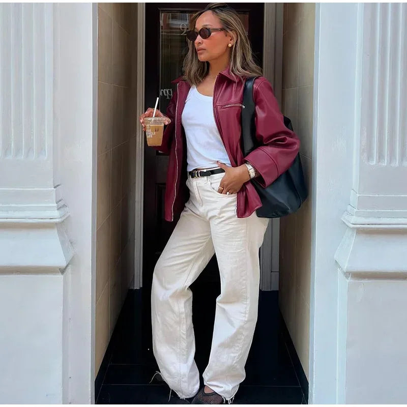 Burgundy Zipper Lapel Leather Jacket