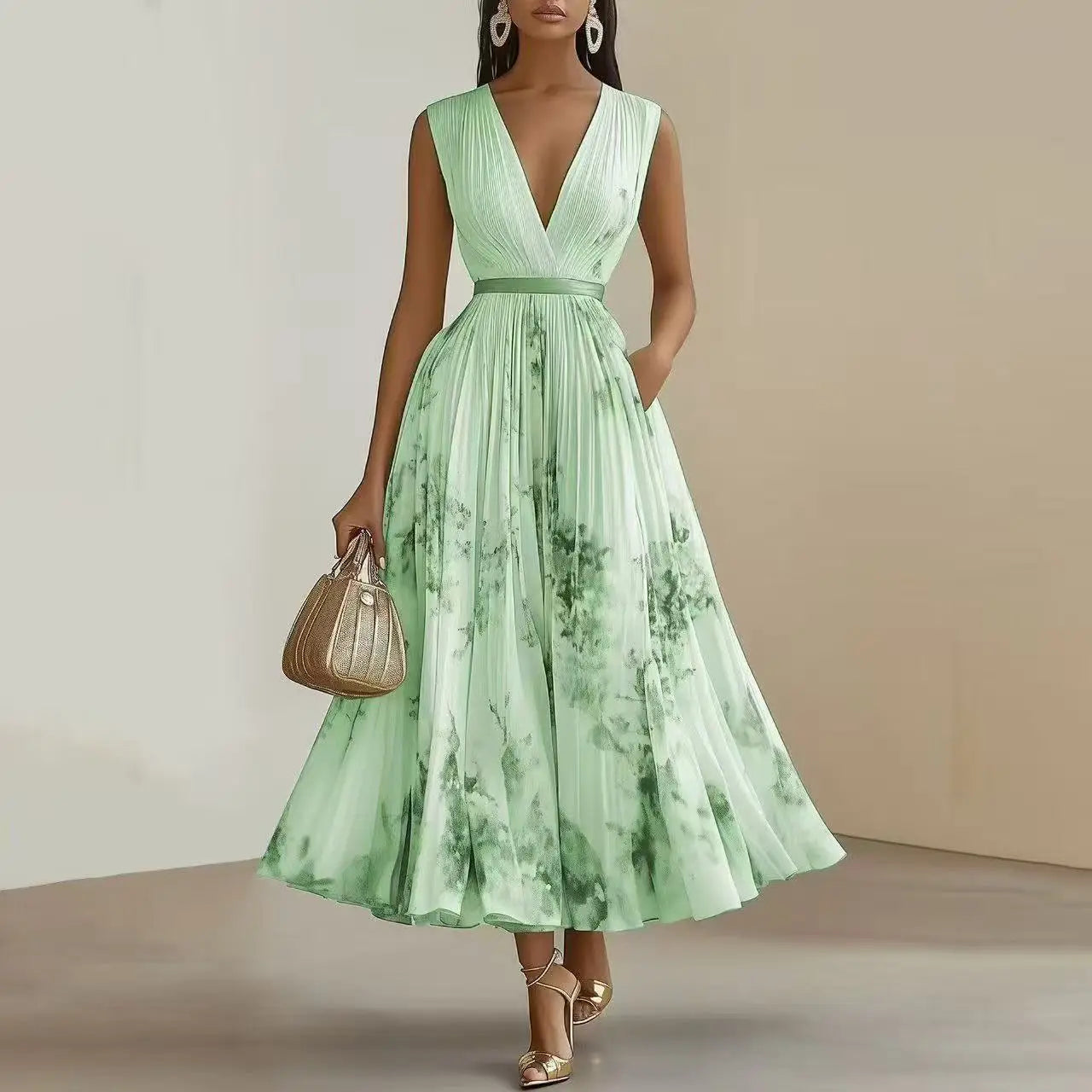 Hanging Neck Floral Pleated Maxi Dress