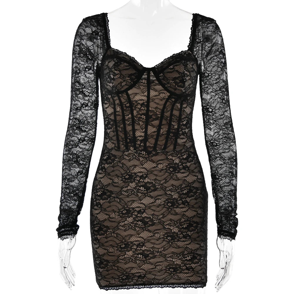 Long Sleeve Lace Print Bodycon Dress