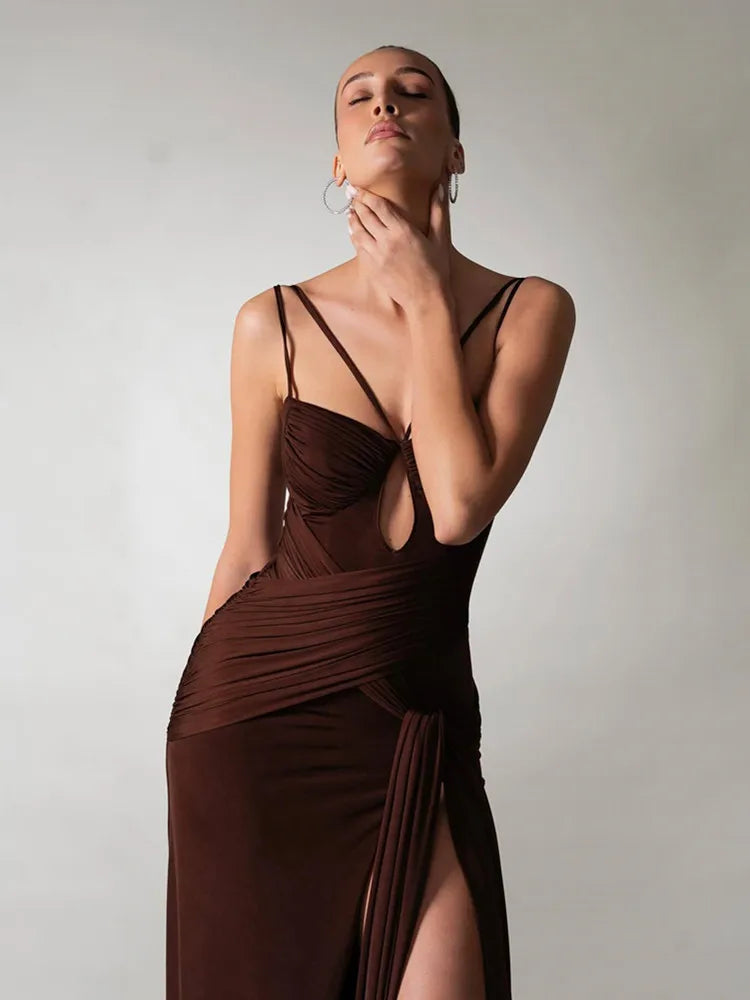 Ruched Brown Bodycon Summer Maxi Dress