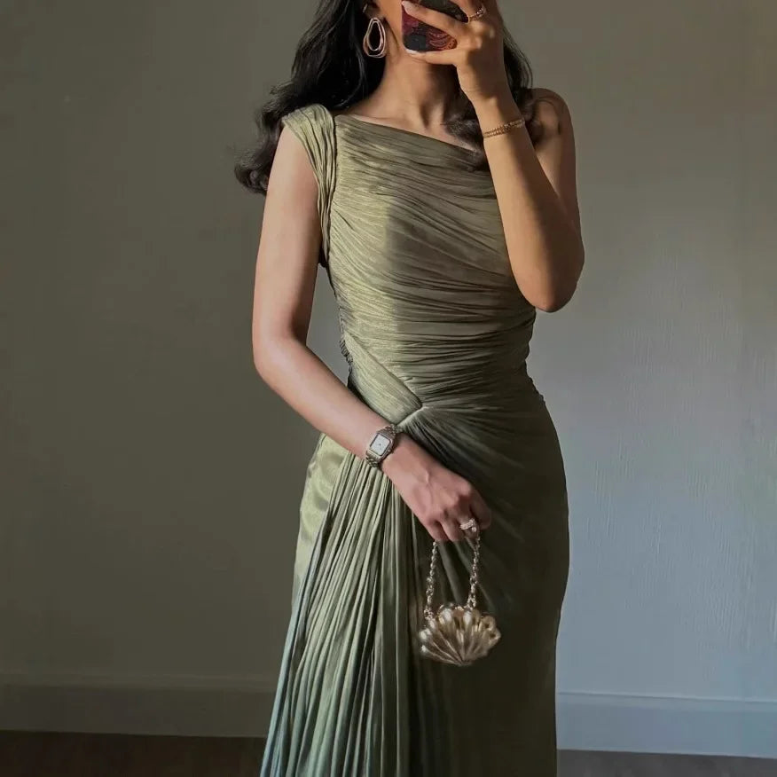 Corseted Pleated Evening Dress With Ribbons