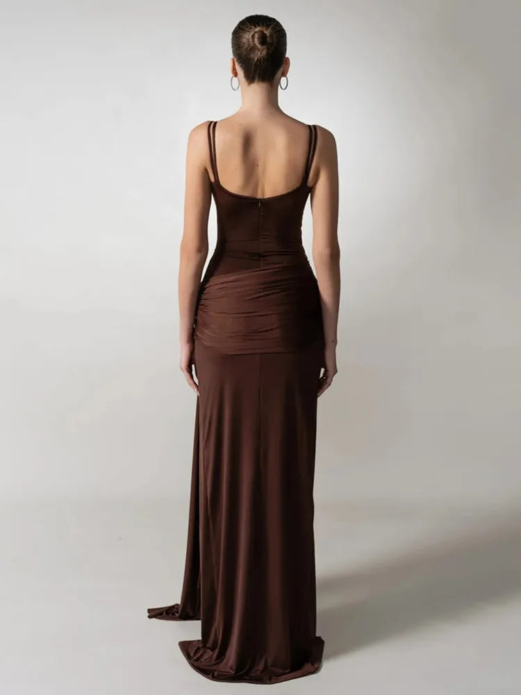 Ruched Brown Bodycon Summer Maxi Dress