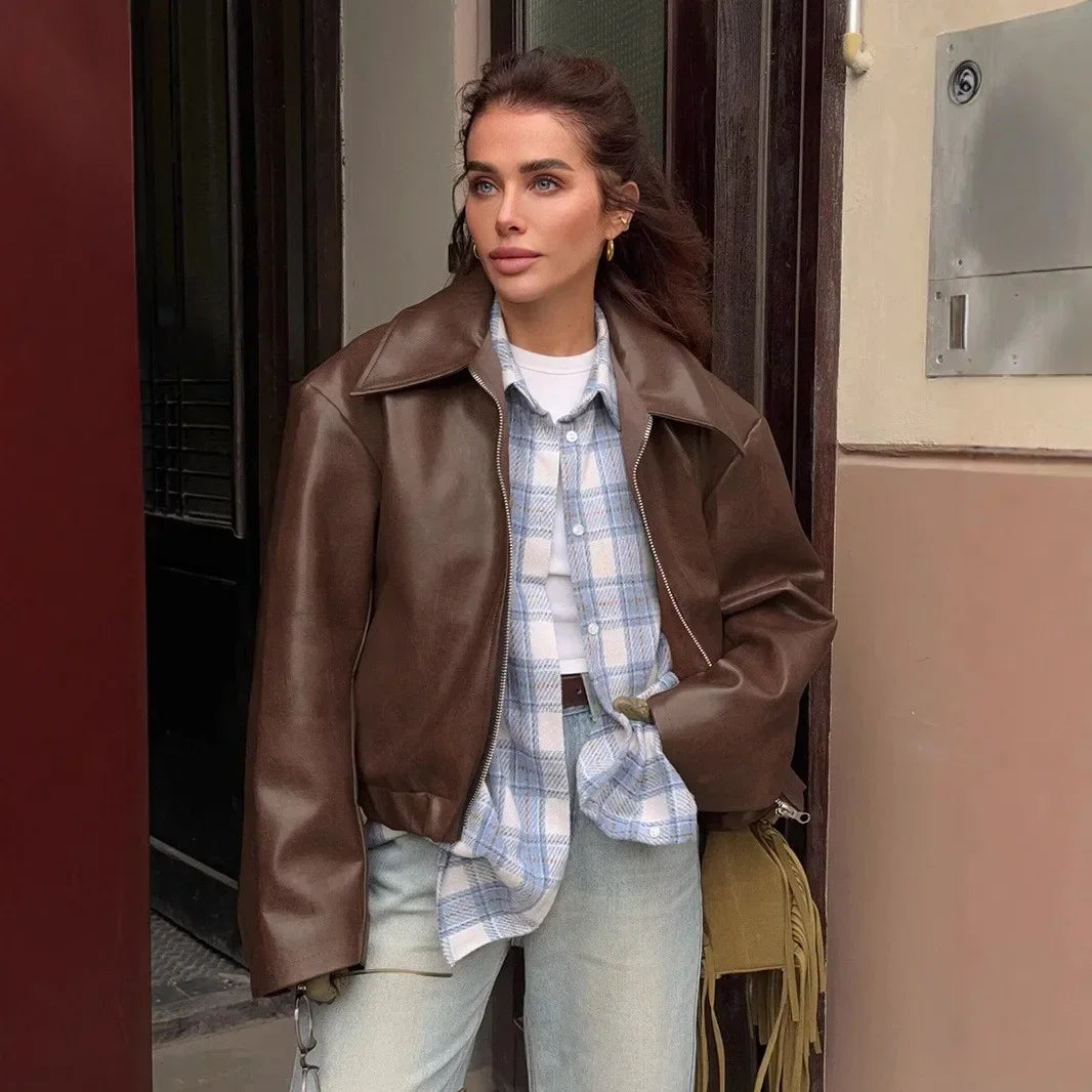 Burgundy Zipper Lapel Leather Jacket