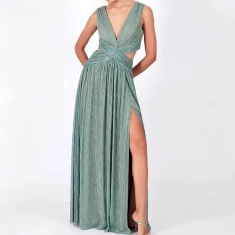 V-Neck Hollow Waist Pleated Evening Dress