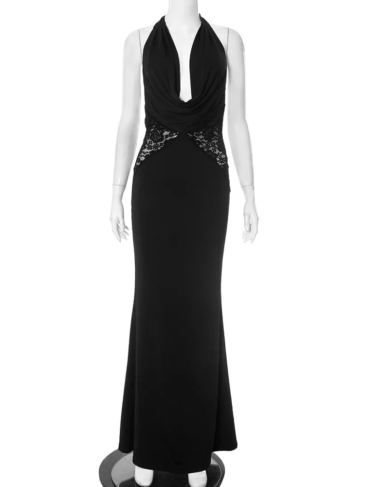 Slim-Fitting Cowl Halter Lace Long Dress