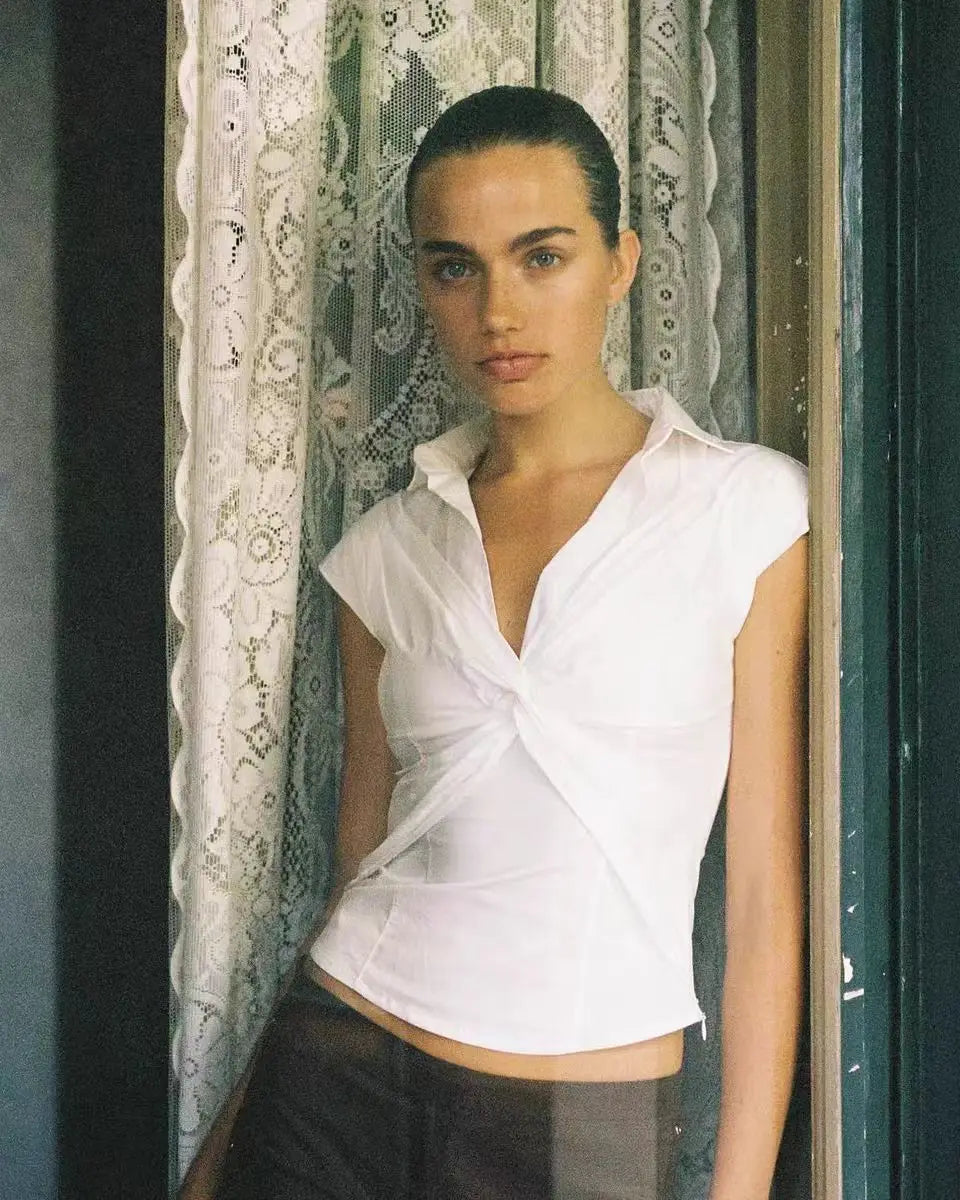 White Twisted V-Neck Short Sleeve Top