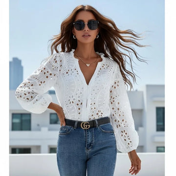 Hollowed V-Neck Loose Lace Shirt