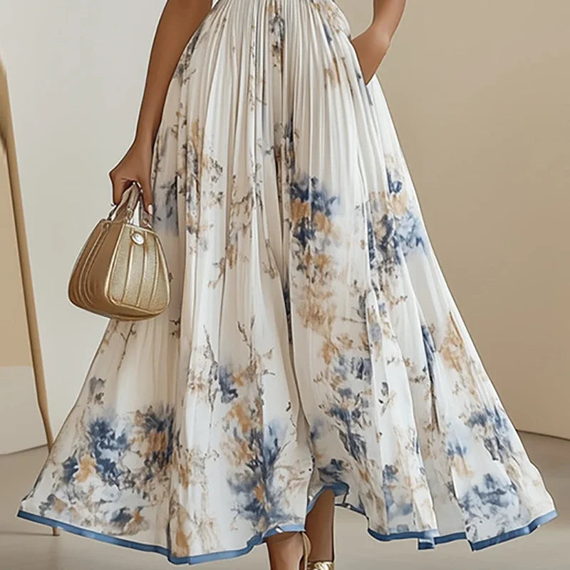 Hanging Neck Floral Pleated Maxi Dress