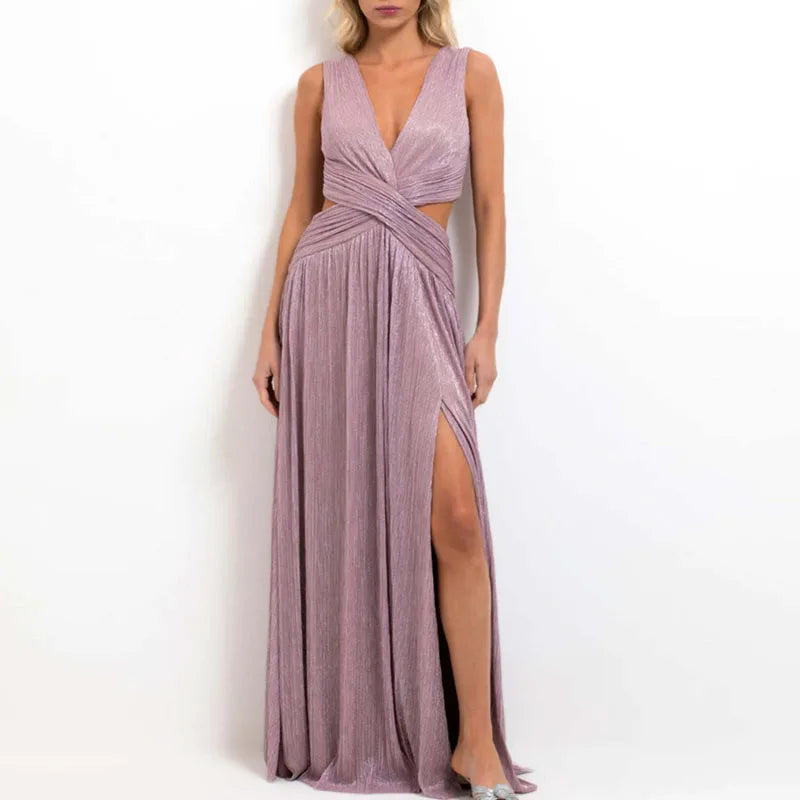 V-Neck Hollow Waist Pleated Evening Dress