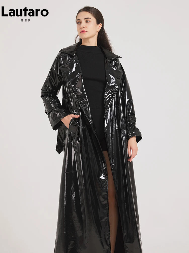 Black Reflective Patent Leather Trench