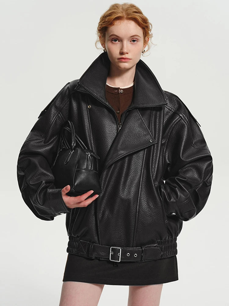 Brown Oversized PU Zip Up Jacket