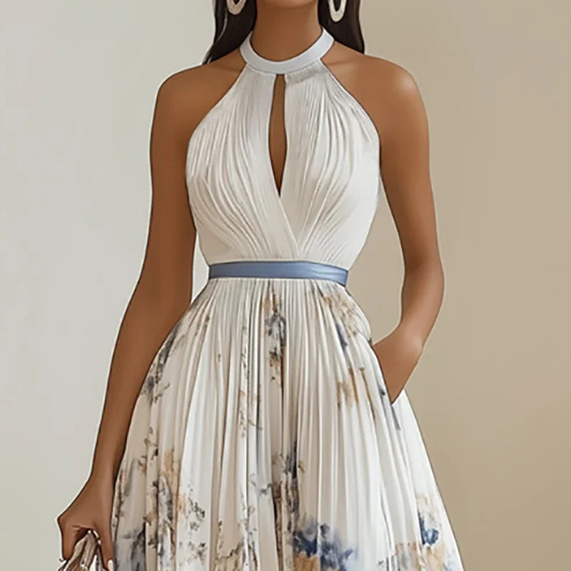 Hanging Neck Floral Pleated Maxi Dress